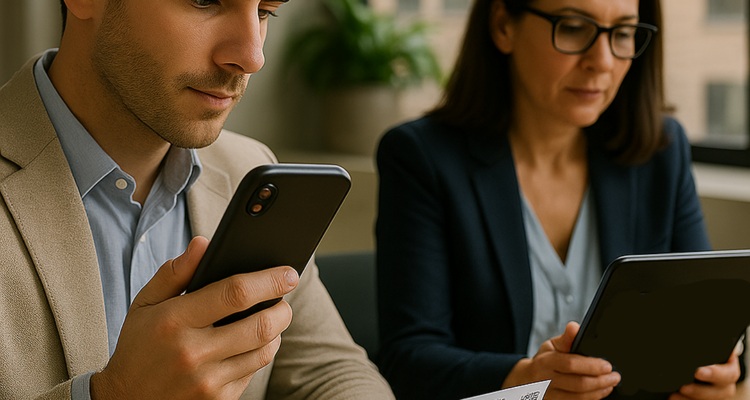 Equipe en train de scanner des cartes de visite papier